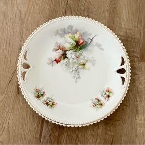 Antique P.K. Silesia Porcelain Plate Handled‎ Platter Flowers Gold Trim 9 1/4"